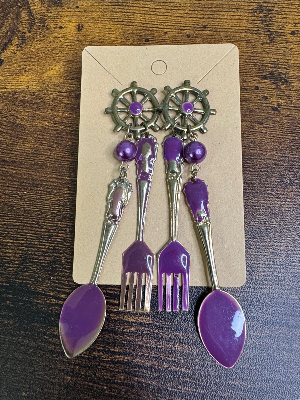 Hand Crafted Purple Nautical Spoon, Fork & Wheel Drop Earrings